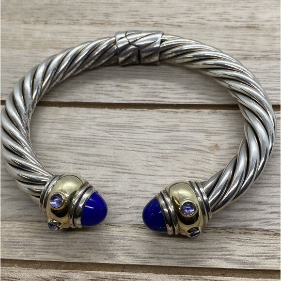 David Yurman Renaissance Lapis Lazuli Lolite Cuff Bracelet 6.25" Silver 14k - Picture 1 of 11